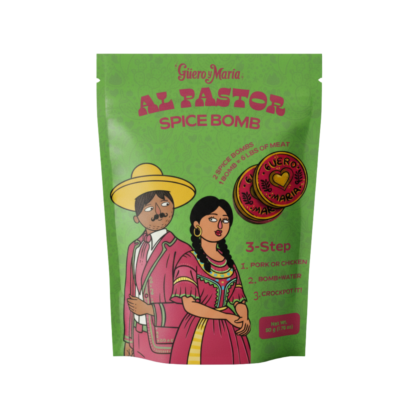 Green Güero y María Al Pastor Spice Bomb pouch with illustrated couple in traditional Mexican attire, labeled “Al Pastor Spice Bomb,” showing 3-step cooking instructions and indicating two spice bombs for pork or chicken.