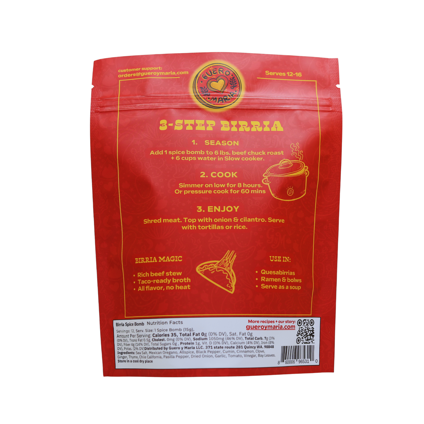 Back of Guero y Maria Birria Spice Bomb pouch showing 3-step cooking instructions, suggested garnishes, and nutrition facts on red packaging
