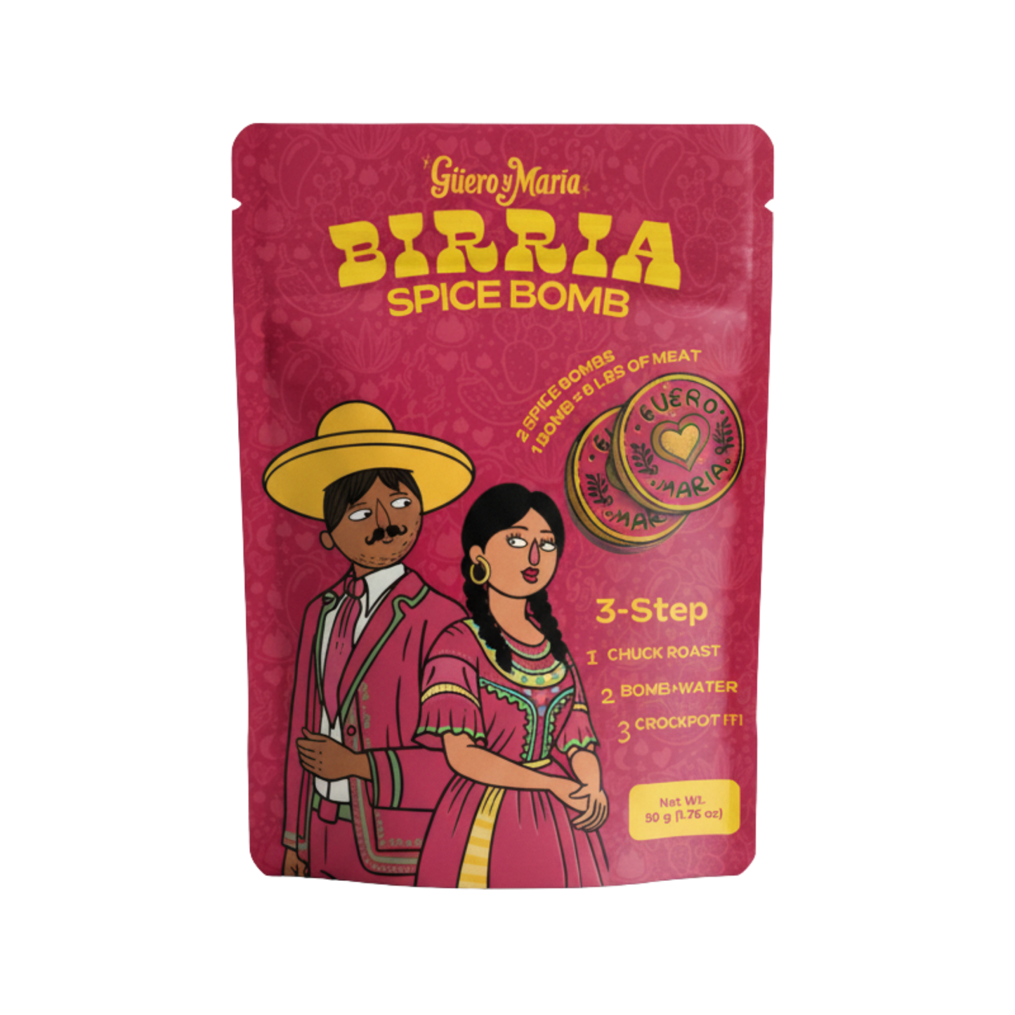 Güero y María Birria Spice Bomb pouch with illustrated couple, bold yellow lettering, and three-step cooking instructions on a deep pink background.