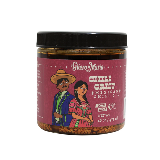 16oz jar of Guero y Maria Chili Crisp with red illustrated label, black lid, and visible chili oil and sesame seeds on a white background