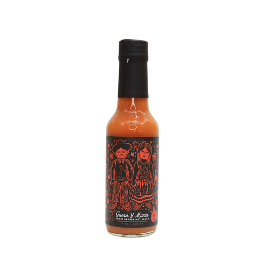 5oz bottle of Guero y Maria Ghost Pepper Hot Sauce with black and red illustrated label on a white background
