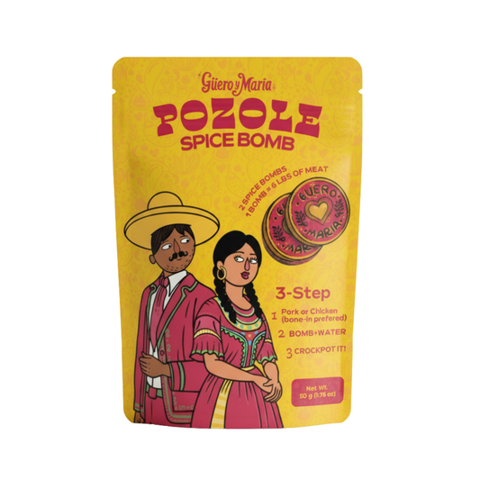 Güero y María Pozole Spice Bomb pouch with illustrated couple in traditional attire on a yellow background, labeled “Pozole Spice Bomb,” showing three-step cooking instructions and net weight 50 g.