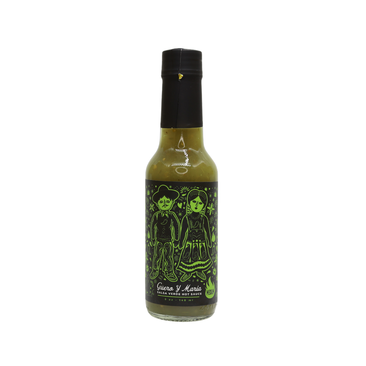 5oz bottle of Guero y Maria Salsa Verde Hot Sauce with green illustrated label, black cap, and white background