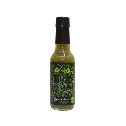 5oz bottle of Guero y Maria Salsa Verde Hot Sauce with green illustrated label, black cap, and white background
